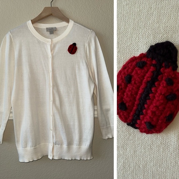 LOFT Sweaters - 100% Cotton Ladybug Embroidered Ivory Cream Button Cardigan Medium